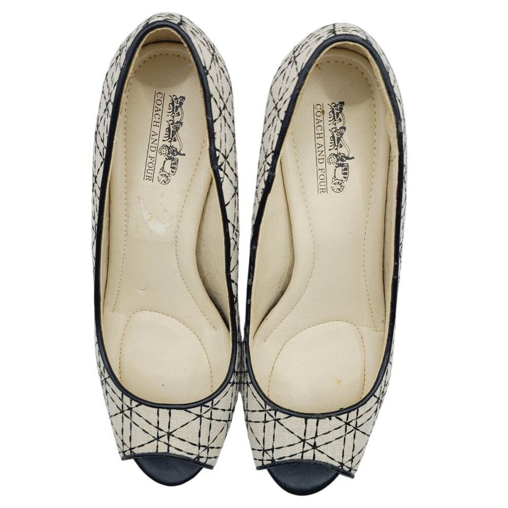 Coach And Four Beige & Black Geometric Peep-Toe Heels Size 8 Canvas 3" Stiletto - Picture 3 of 15